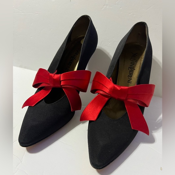 38 Yves Saint Laurent YSL Black Fabric /Leather Red Bow Pumps 8 •Vintage - Picture 3 of 15